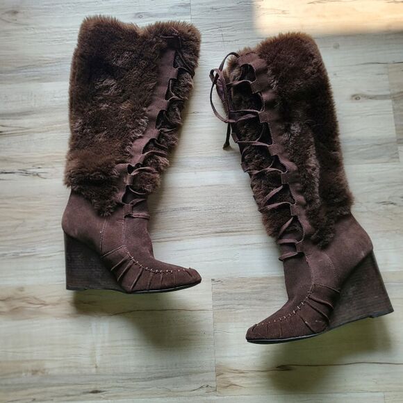 Colin Stuart Laceup Wedge Chocolate Brown  Faux Fur Boots Suede 7B - Picture 1 of 8